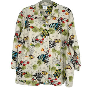 Vintage Stephanie Thomas Linen Blend Jacket Shacket Fish Print Button Up 14/16